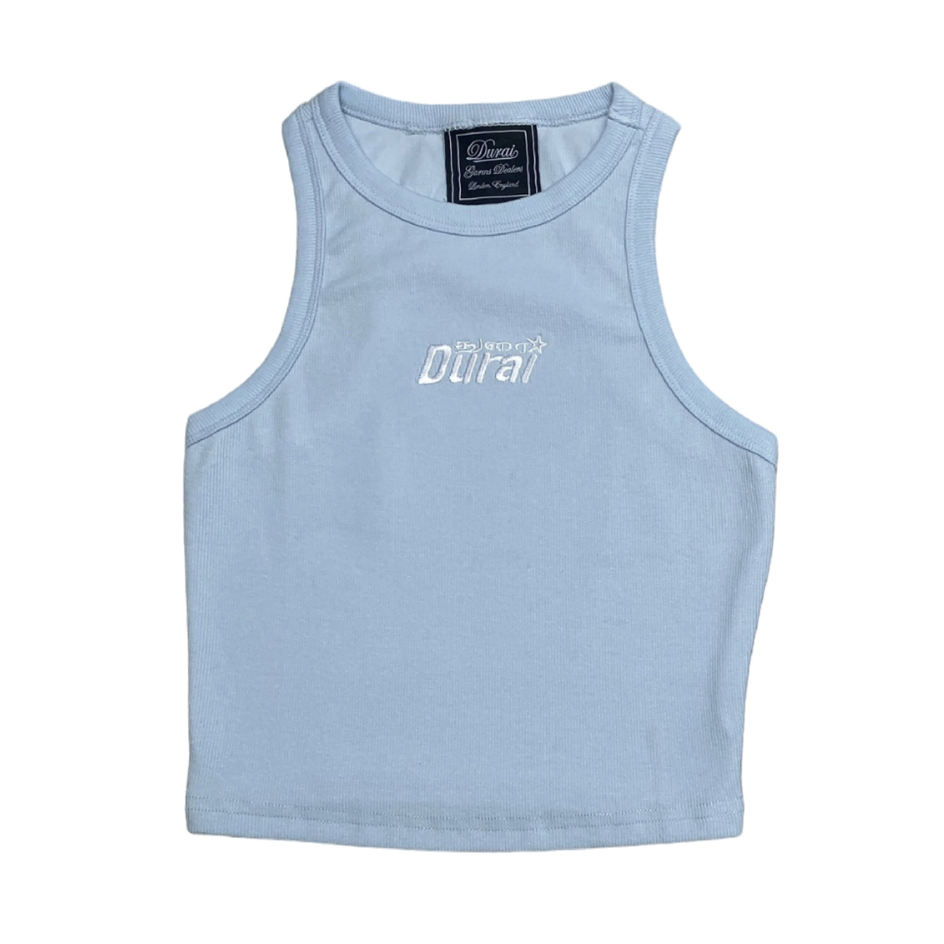 A blue sleeveless tank top with white text embroidery and star embroidery on the front, and a lotus motif embroidery on the back.
